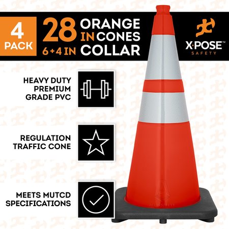 XPOSE SAFETY Traffic Cone, PVC, 28" H, Orange OTC28-64-4-X-S